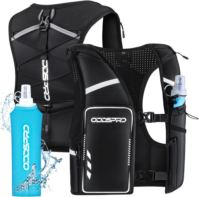 ODDSPRO Running Vest for Women Men, Phone Pocket Running Hydration Vest with 500ML Soft Flask, Adjustable Chest Waist Straps, 10 Pockets Reflective Breathable Hydration Vest for Hiking, Biking, Marathon - Image 1